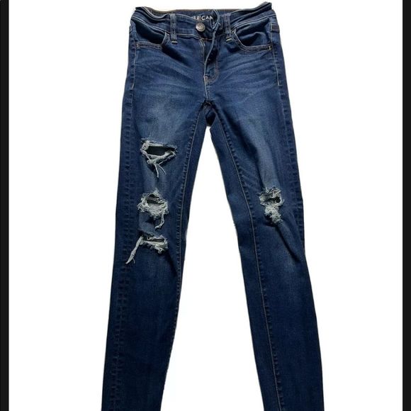 American Eagle Next Level Stretch Jeggings Size 0 Distressed Dark Wash Jeans - Picture 1 of 3